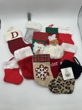 Lot of 11 Mini Christmas Stockings Assorted Styles Fuzzy Knit Burlap Santa Decor
