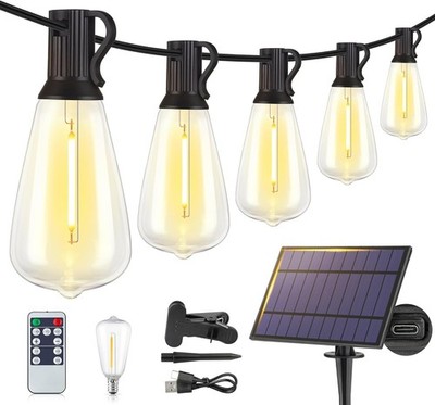48FT Solar String Lights Outdoor with Remote, Waterproof Dimmable Patio 15+1 LED