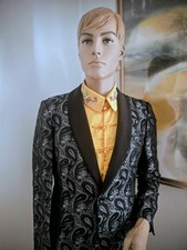Men's Black Silver Paisley Tuxedo Jacket with Satin Lapel Regular Fit Formal