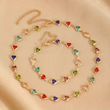 Women's Colorful Heart Rhinestone Bracelet Necklace Set Alloy Fashion Jewelry