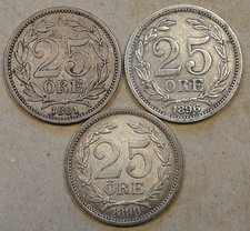 Sweden 3 Twenty-Five Ore 1881,96,+99 Mid-Better Grade as Pictured 