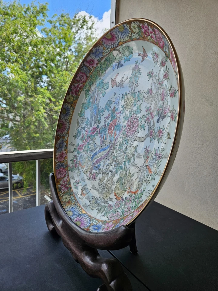 Cargador grande plato cantonés chino de porcelana 22" de ancho 56 cm rosa familiar Foto 2 de 4