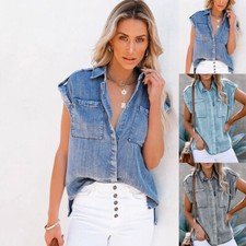 Women Sleeveless Denim Shirt Straight Pocket Loose Blouse Summer Top