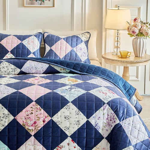3 Pieces Flannel Floral Patchwork Quilt Set Queen, Argyle Plaid Flowers Navy Des - Picture 3 of 12