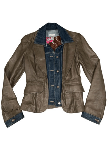 Cache Brown Leather & Dark Denim Blazer Jacket Ret