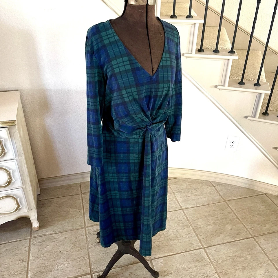 Vestido Lands’ End Medio Verde Azul Tartán Cuadros Lado Torcido Mangas 3/4 Elastizado Foto 3 de 4