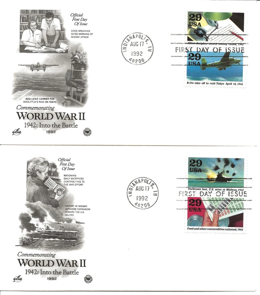US Scott #2697A-J, First Day Covers 8/17/92 Indianapolis Pair World War II - Image 2 of 2
