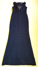Womens Dress-ADRIANNA PAPELL-navy blue pleated maxi Gown floral lace insert-4P
