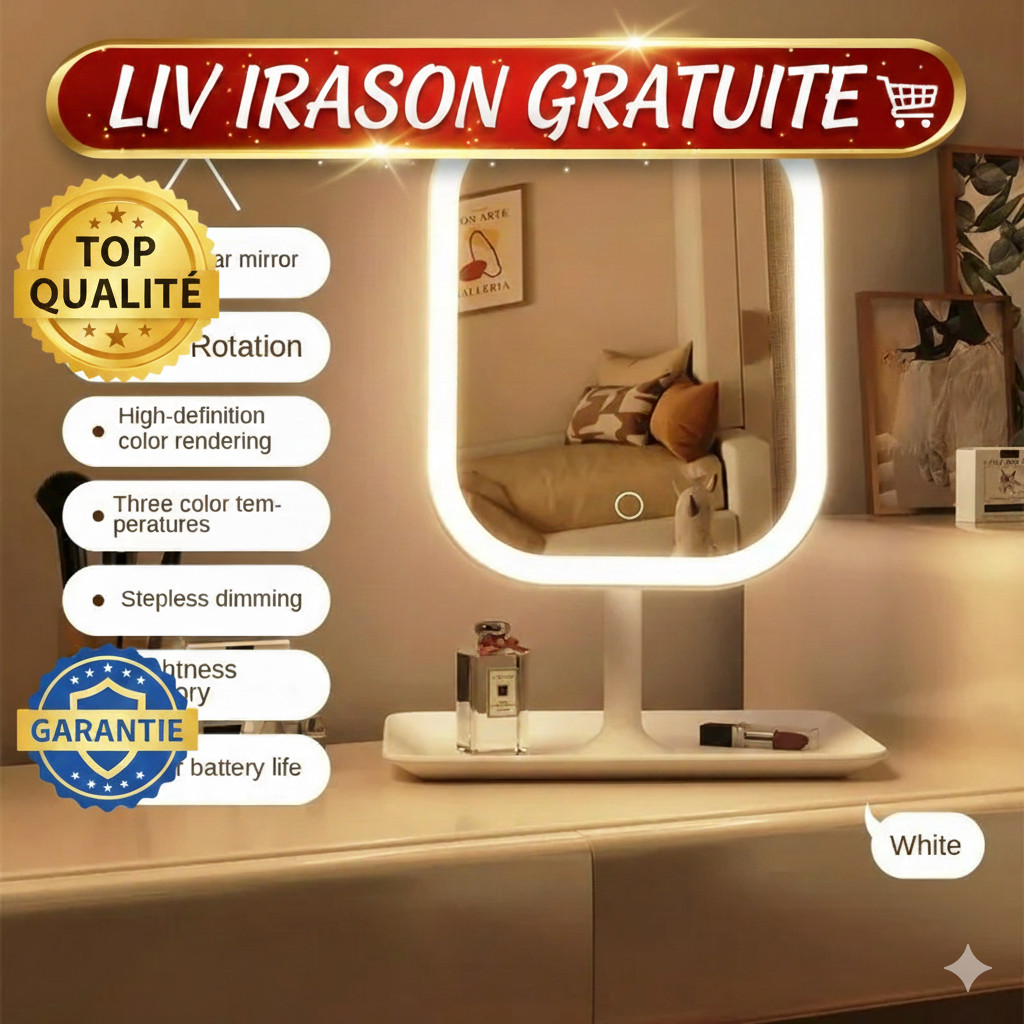 Miroir maquillage LED tactile pour coiffeuse de chambre et routine du matin