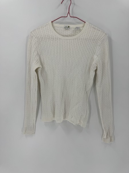Izod Off White Cable Knit Crew Neck Sweater Minor Yellow Spots 89% cotton Sz S/P