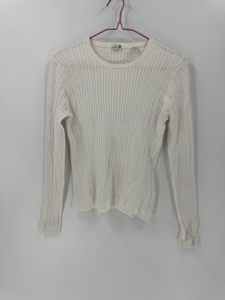 Izod Off White Cable Knit Crew Neck Sweater Minor Yellow Spots 89% cotton Sz S/P