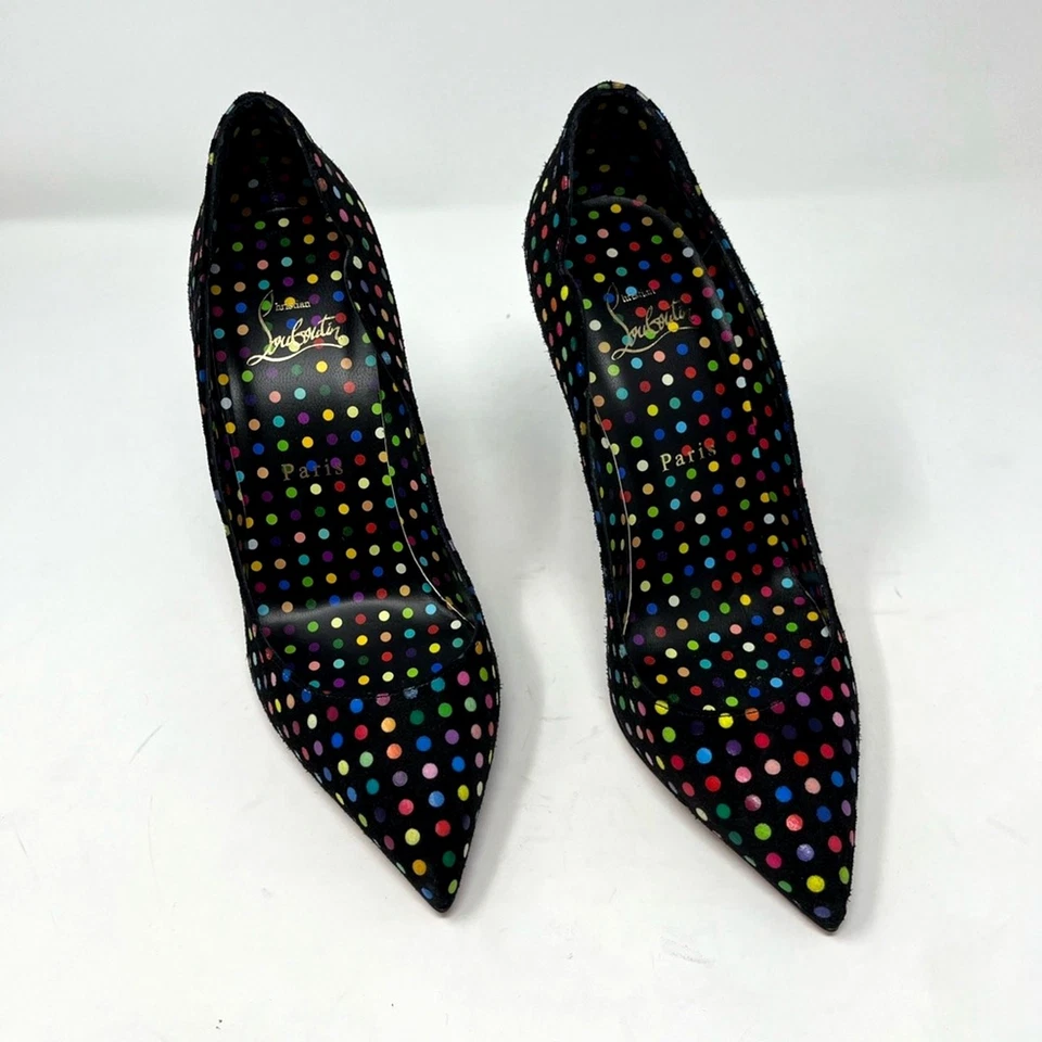 Christian Louboutin Hot Chick Negro Gamuza Multicolor Lunares Tacón Bomba 37.5 EU Foto 3 de 4