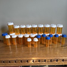 Lot of 32 Empty Amber Plastic Medicine Pill Bottles Hobby Crafts Organizing