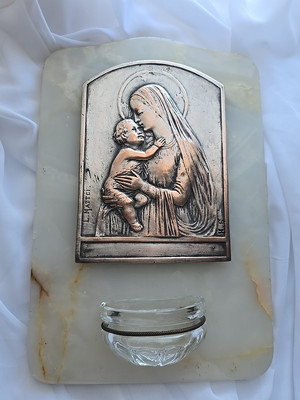 ANTIQUE FRENCH HOLY WATER FONT BY LOUIS OCTAVE MATTEI WITH PLAQUE MARBLE CRYSTAL