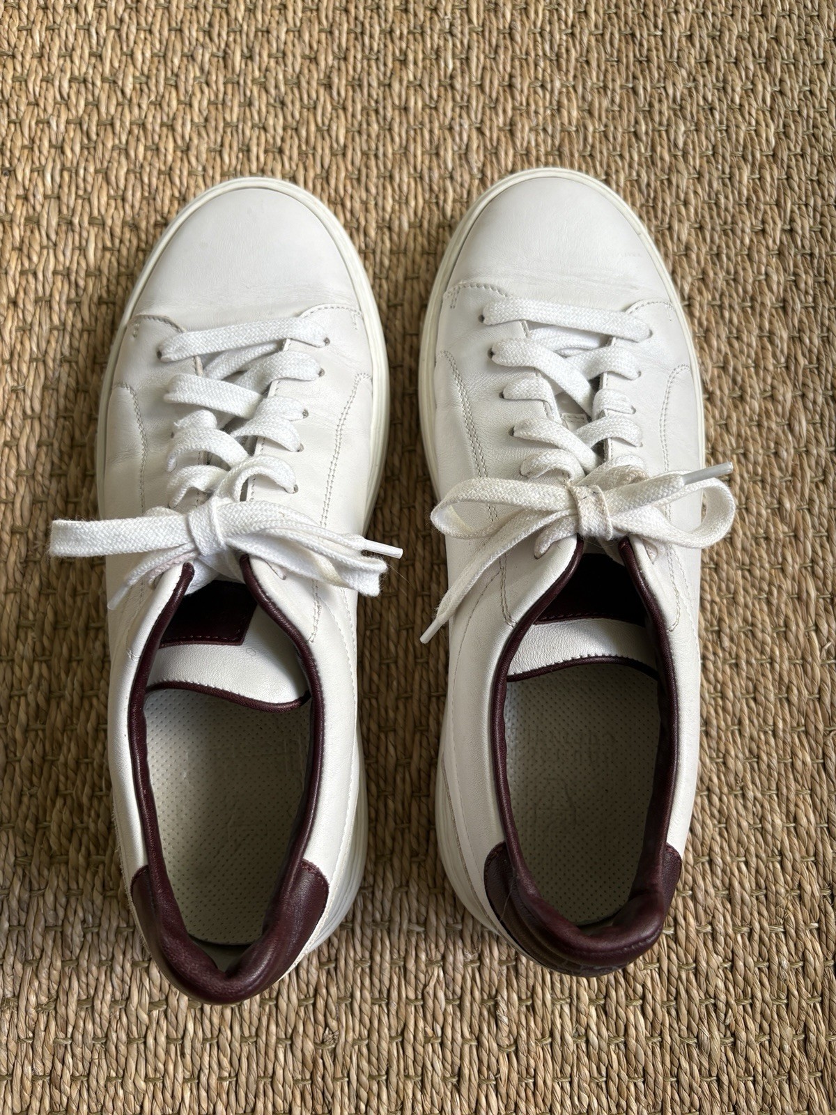 Brunello Cucinelli Men's White Leather Sneaker Size 42 With Burgundy Trim