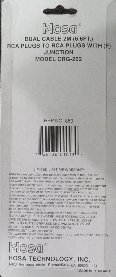 Hosa CRG-202 Dual Cable RCA-RCA Plugs with female junction 2M CABLE - Image 2 of 2