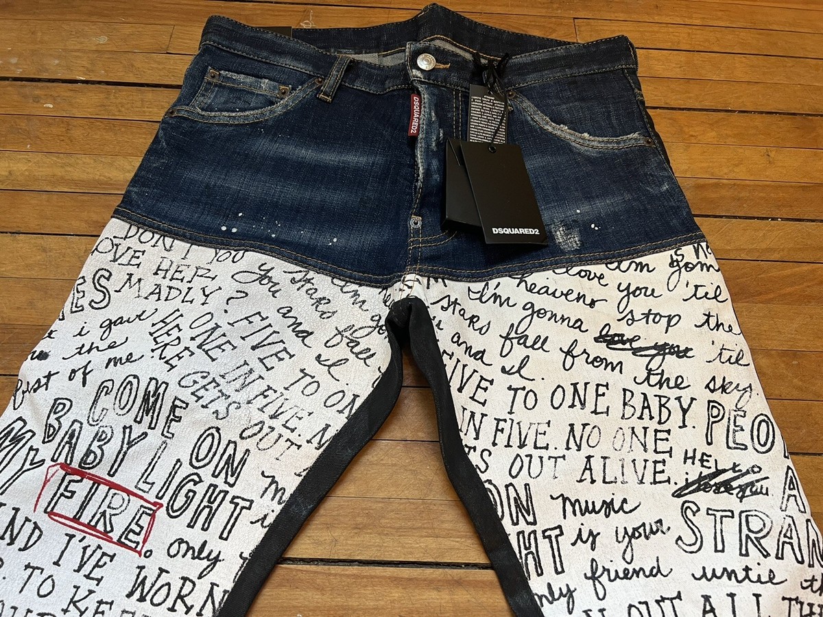 DSQUARED² BLUE DENIM WHITE BLACK PAINT DISTRESSED COOL GUY DENIM SLIM JEAN 46 30