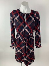 Ann Taylor Navy Blue Maroon Red Pink Plaid Tie Waist Dress Keyhole 2 Nice!