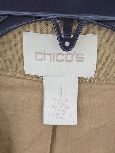 Chicos Jacket Womens Medium 1 Tan Boho Print Beaded Embroidered Linen Open Front - Picture 3 of 8
