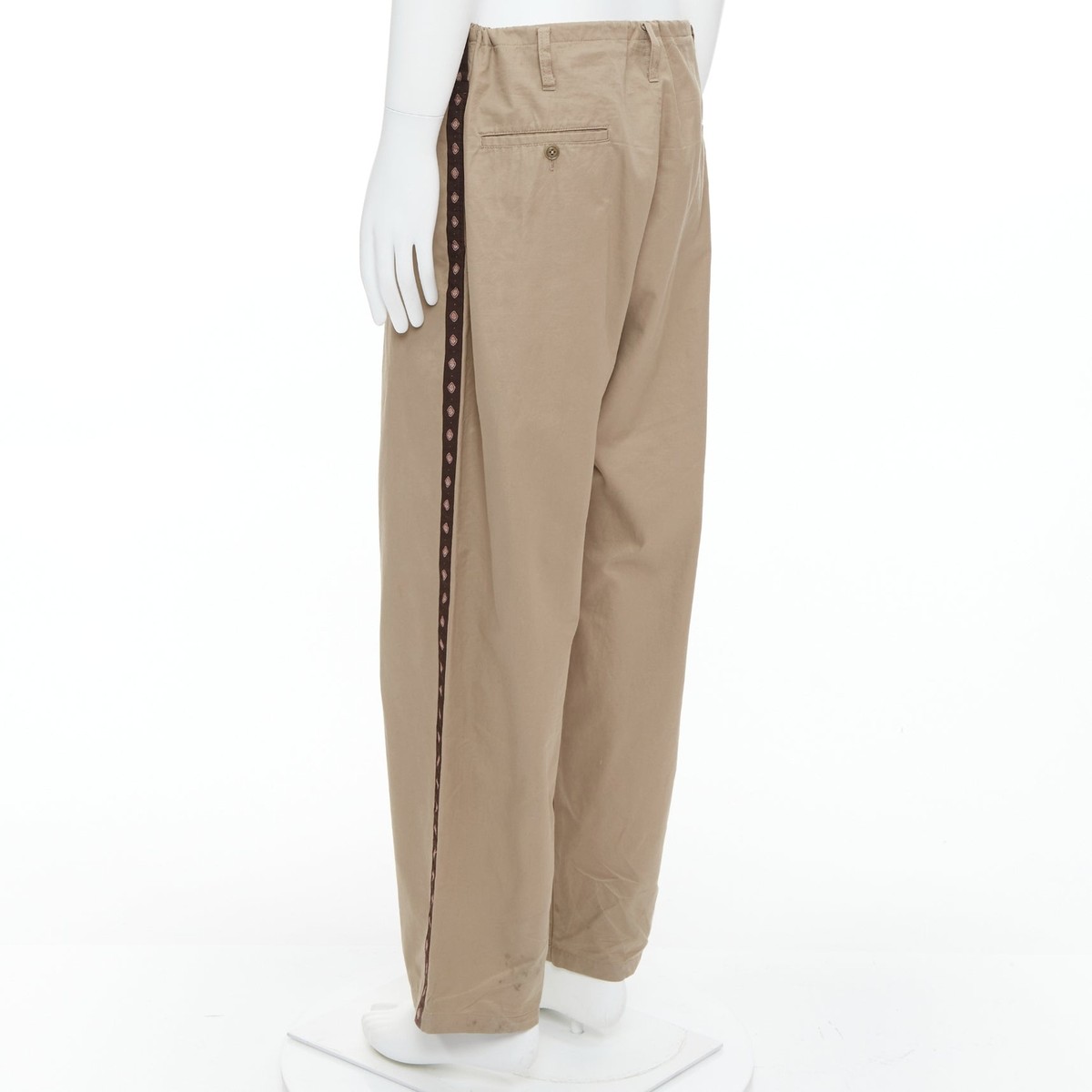 YOHJI YAMAMOTO beige brown ethnic trim drawstring wide pants YOHJI YAMAMOTO beige brown ethnic trim drawstring wide pants