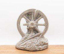 Vintage McCoy Pottery Gray Western Wagon Wheel Glazed Vase w/ Cow Skull & Whip