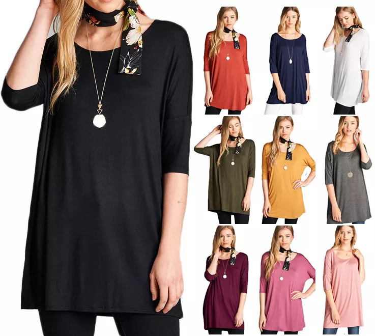 Women's Long Tunic Solid Scoop Neck Top Short Sleeve Trapeze Dress