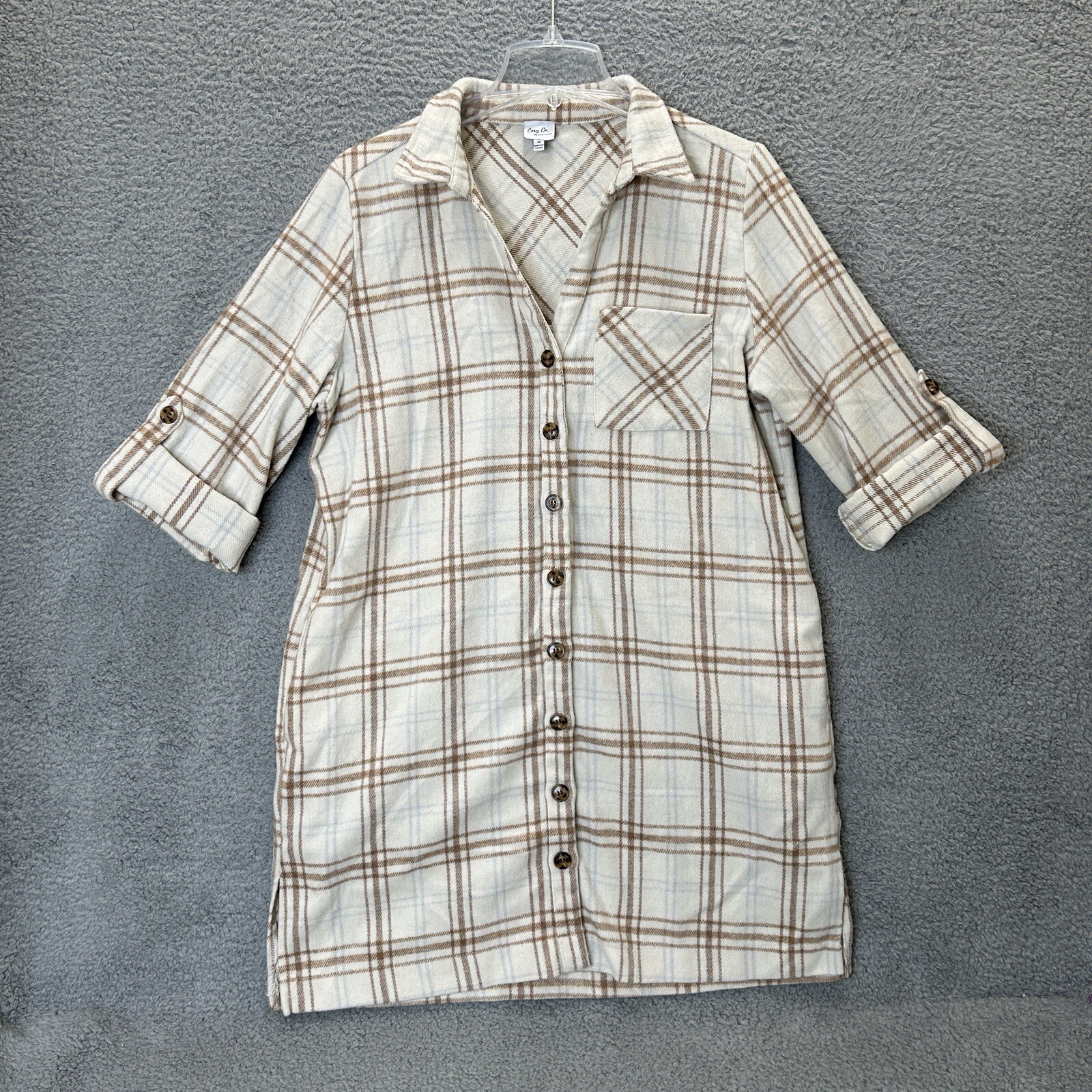 Cozy Co Shirt Women Medium Ivory Plaid Button Up Tunic Lightweight Shacket