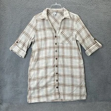 Cozy Co Shirt Women Medium Ivory Plaid Button Up Tunic Lightweight Shacket