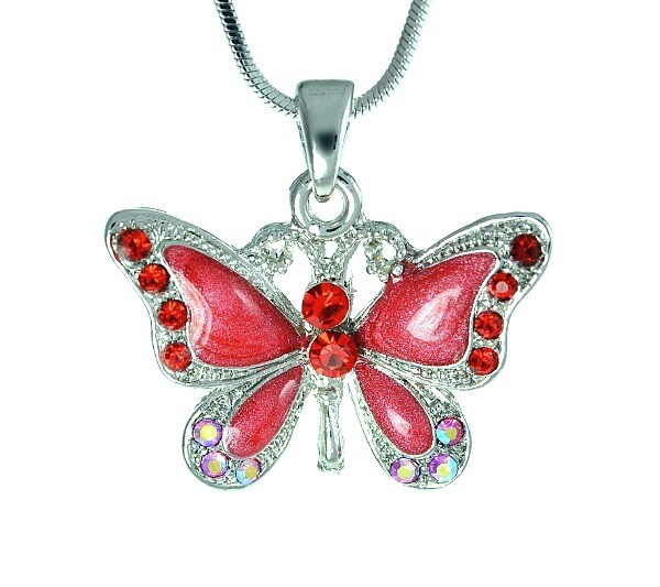 Butterfly Red Charm Necklace with Swarovski Crystal Pendant on 20-Inch Chain