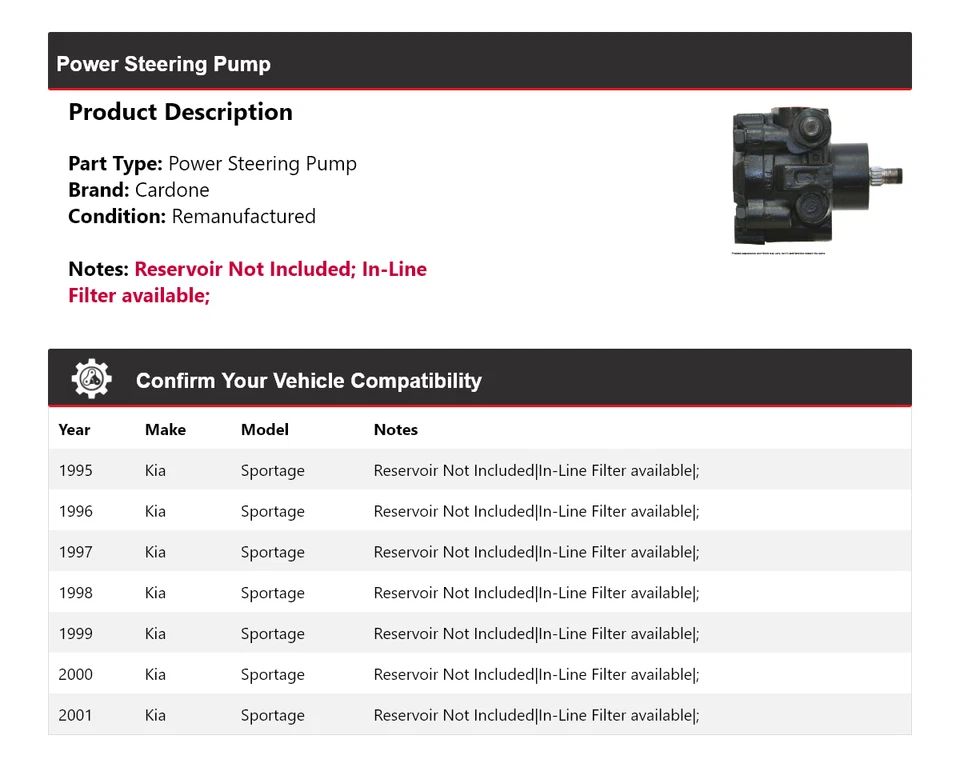 适用于 1995 - 2001 起亚 Sportage 动力转向泵 Cardone 1996 1997 1998 1999 2000 — 第 2/4 张图片