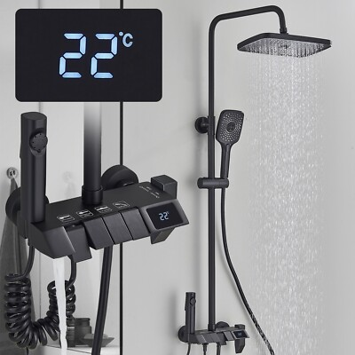 #ad Black Bathroom Rainfall Shower Faucet Set Exposed Shower System with Mixer Valve $52.99
