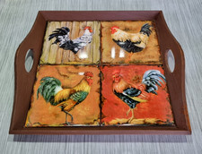 Wood And Tiles Serving Tray Cock Rooster Design Country Style Cottage Farm House