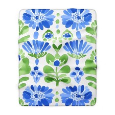 Blue Green Floral Pattern Sherpa Blanket  Watercolor Flower Throw