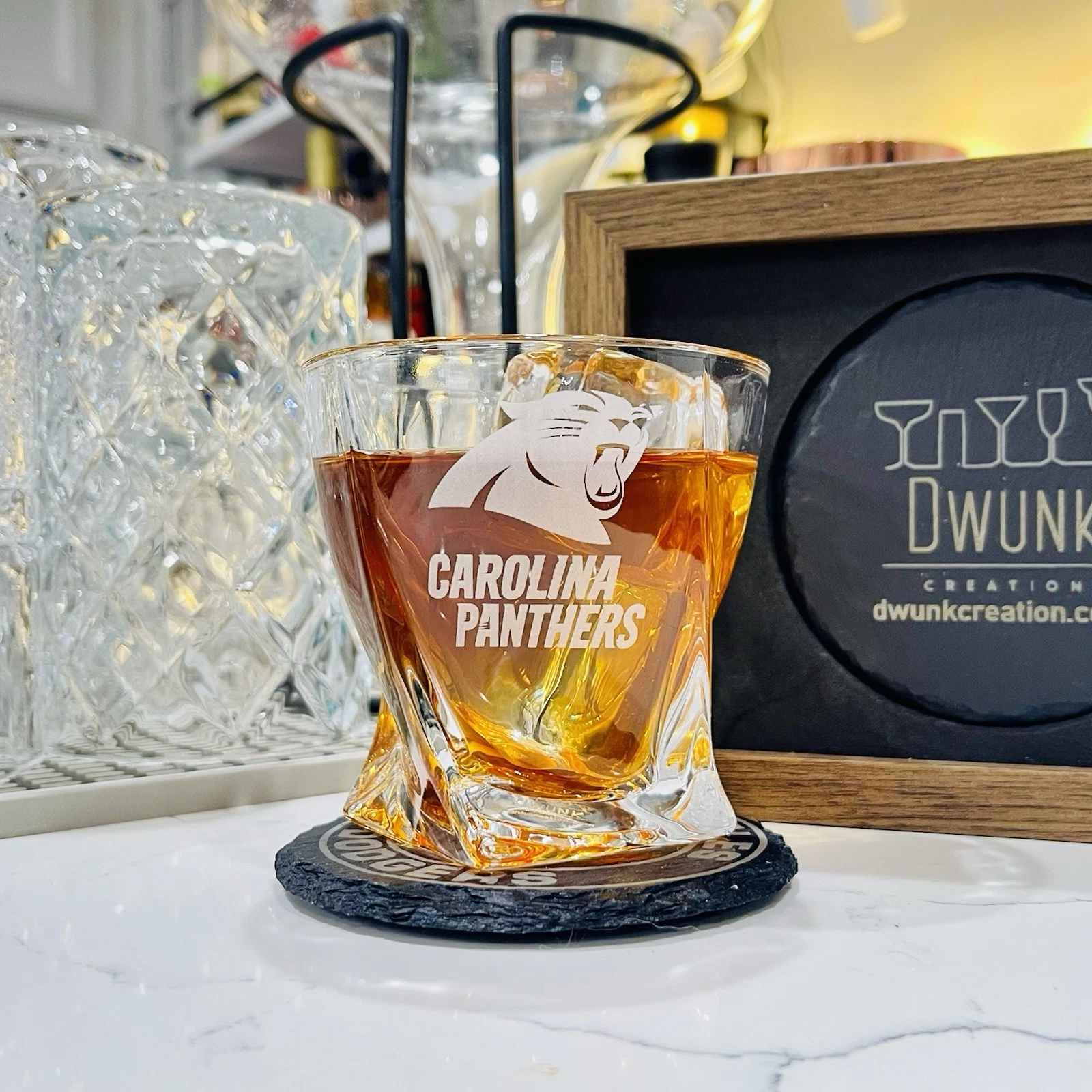 Engraved Carolina Panthers Whiskey Glass - Twisted Whiskey Glasses