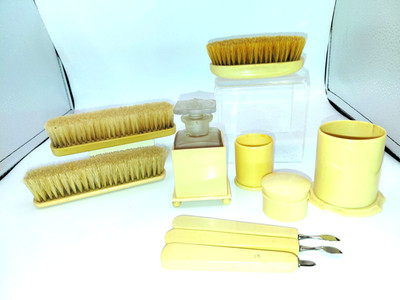 12PC VTG Ivory Celluloid MCM Vanity Dresser Set Manicure Brush Container Perfume