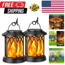 2-Pack Hanging Solar Lanterns with Flickering Flames - Waterproof Outdoor Lights