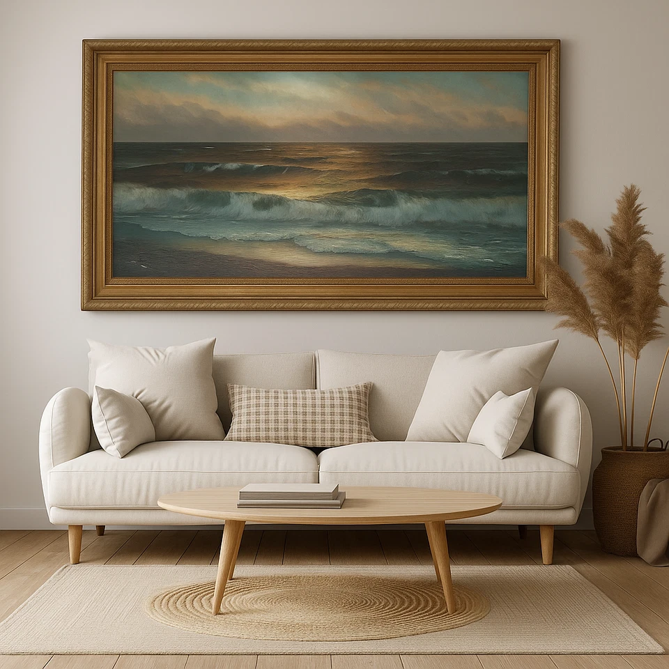Pintura al óleo original de colección "SURF" por Töra Andersson atardecer paisaje marino enmarcado 54x33 Foto 2 de 4