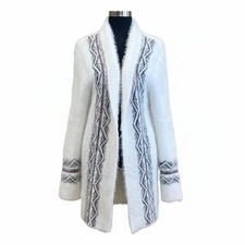 Cardigan open front sweater, large, aztec, boho, southwestern, fluff fringe