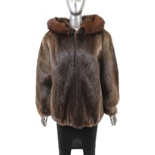Brown Beaver Hooded Jacket with Fox Trim- Siz...