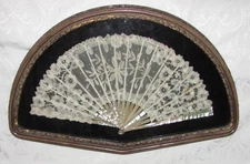 Antique Handmade Bobbin Lace Fan with Mother of Pearl Sticks Circa 1900