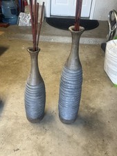 Set of 2 Gray Bottle Shape Decorative Freestanding Floor Vases w/ Reed Sticks