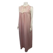 1960s 70s Pink Lace Nightgown Sheer Nylon Romantic Lingerie Womens M