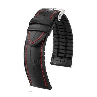 Uhrenarmband in Schwarz/Rot, Kalbsleder, Gummi, Performance von HIRSCH
