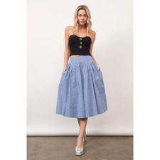 Vintage-Style Blue Gingham Midi Skirt   A-Line Full Gathered Waist Size M