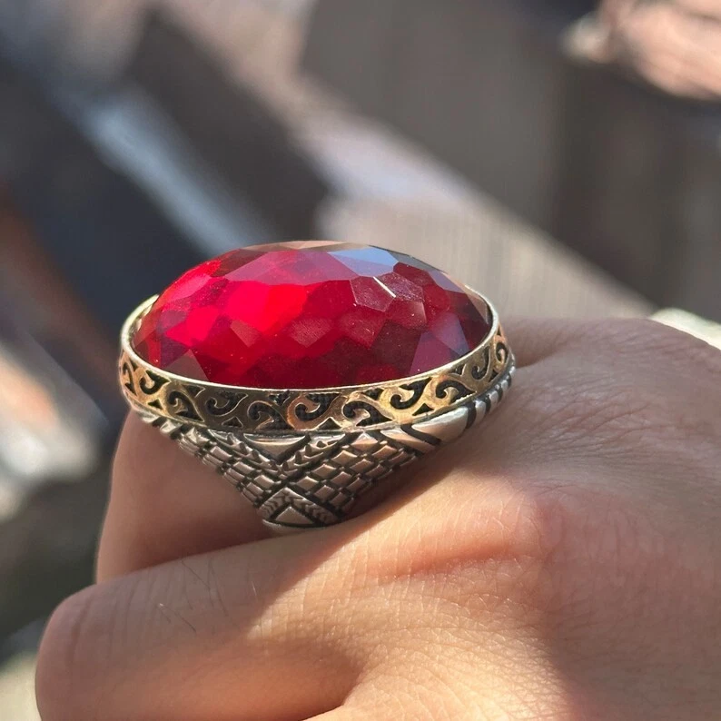 Anel masculino de prata esterlina 925 feito à mão grande de pedra rubi zircão - Imagem 4 de 4