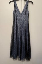 Adrianna Papell Boutique Blue Black Beaded Mesh Overlay Gown Size 8 V Neck