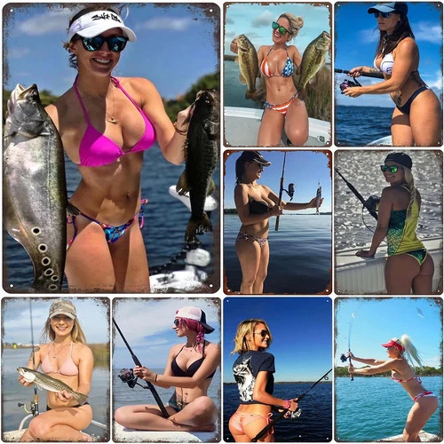 Vintage Metal Tin Sign Pinup Fishing Girls Wall Posters Retro Decor 8x12