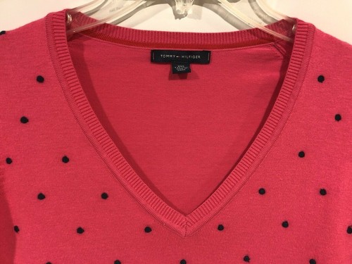 Tommy Hilfiger Damen Gr. XXS Hot Pink/Marineblau Punkte V-Ausschnitt Pullover Sweater  - Bild 7 von 12