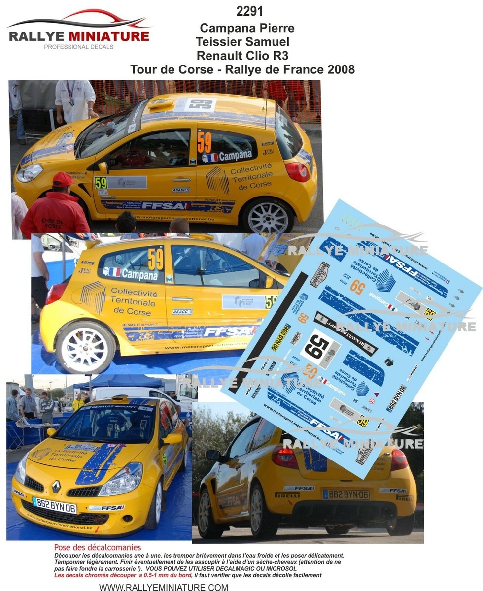 Décalcomanies 1/18 Renault Clio Campana Tour De Corse 2008, Rallye, Neuves, RALLYE MINIATURE Ref 2291