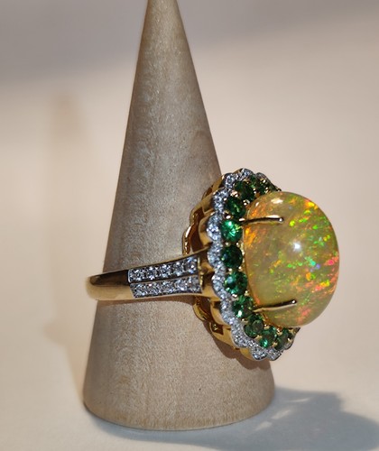 Anillo de ópalo talla 59 7,5 quilates diamantes 0,33 quilates diopsido 1,5 quilates 585 = 14 quilates oro amarillo - Imagen 7 de 18